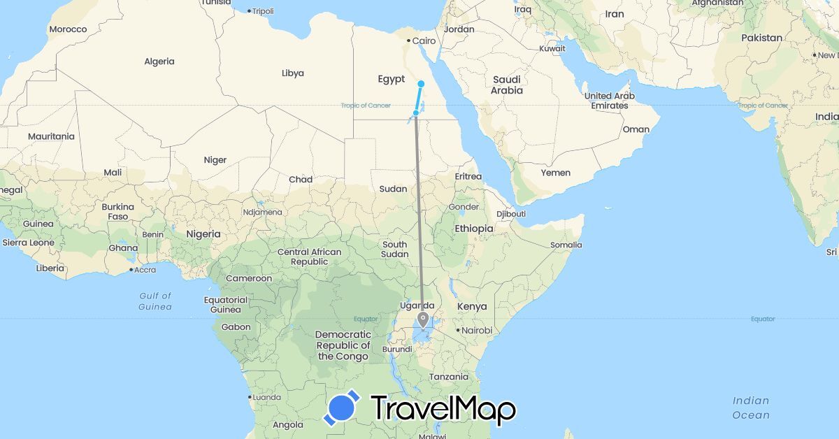 TravelMap itinerary: driving, plane, boat in Egypt, Tanzania (Africa)